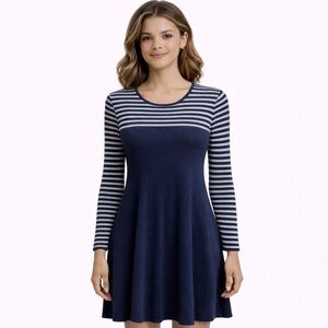 Artisan NY Striped Sweater Dress Small Navy Gray Knit Long Sleeve Shift